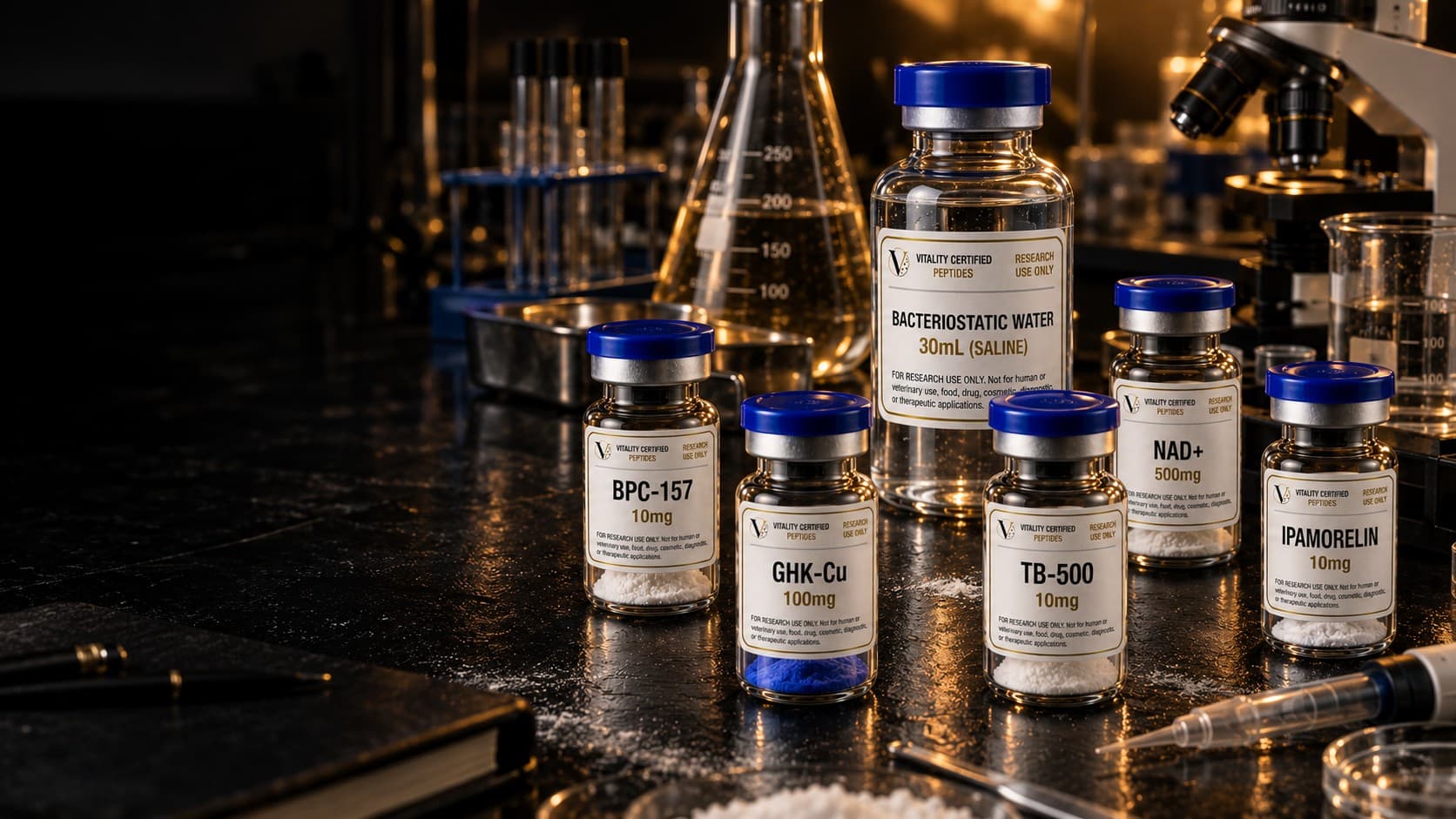 Vitality Certified Peptides vials on a lab bench